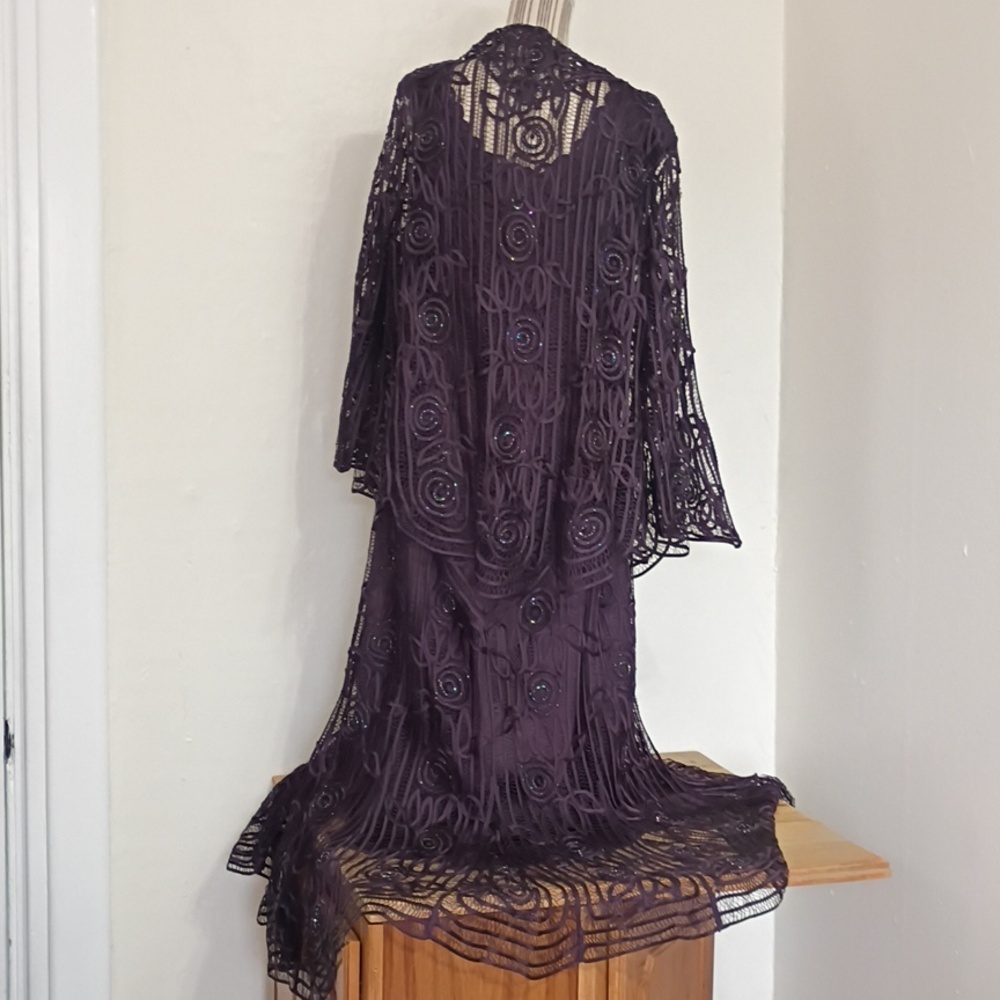 SOULMATES Vintage 2 PC Purple 100% Silk Soutache Beaded Formal Gown w Jacket 2x - Picture 7 of 16